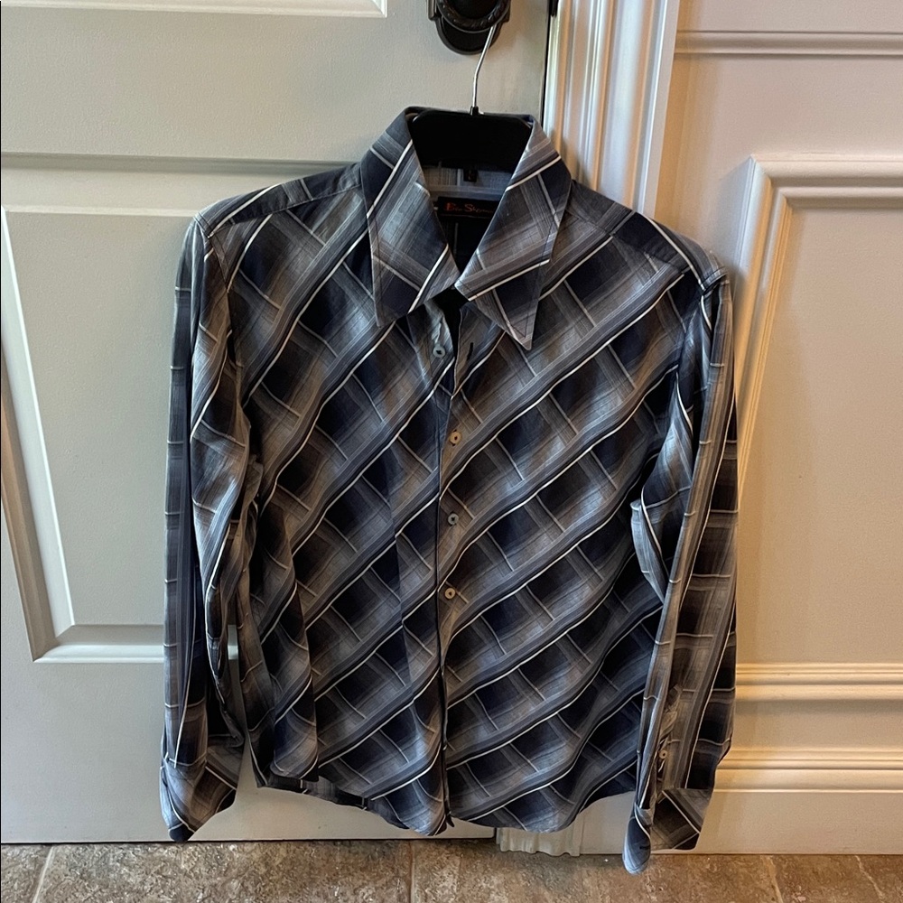 Ben Sherman Blue and Gray Plaid Casual Button Down Shirt